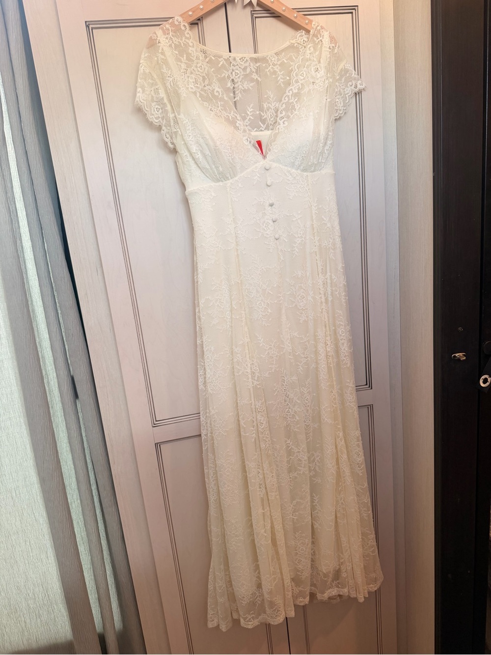 Ivory Lace Midi Dress with Sheer Cap Sleeves